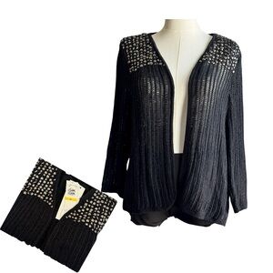 Calvin Klein Open Knit Open Wave Design Studded Open Front Black Cardigan Size M